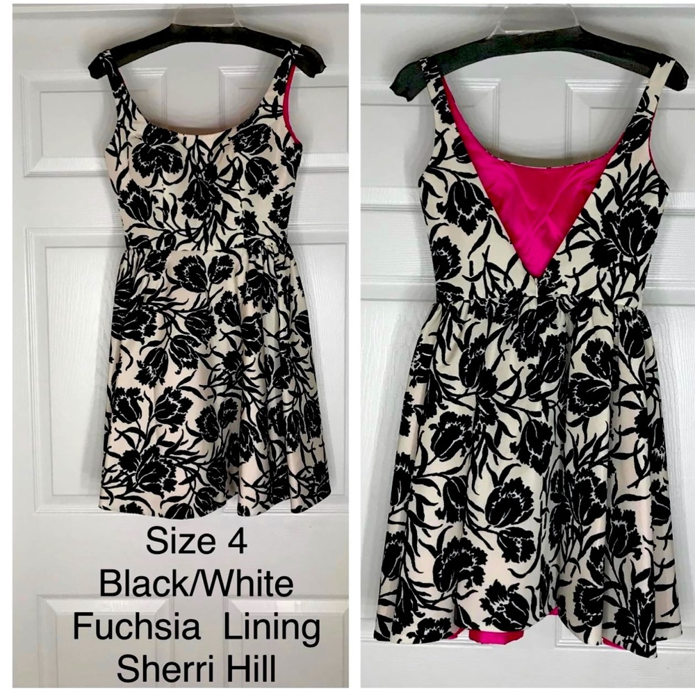 Sherri Hill Black and White Fit and Flare Floral Dress